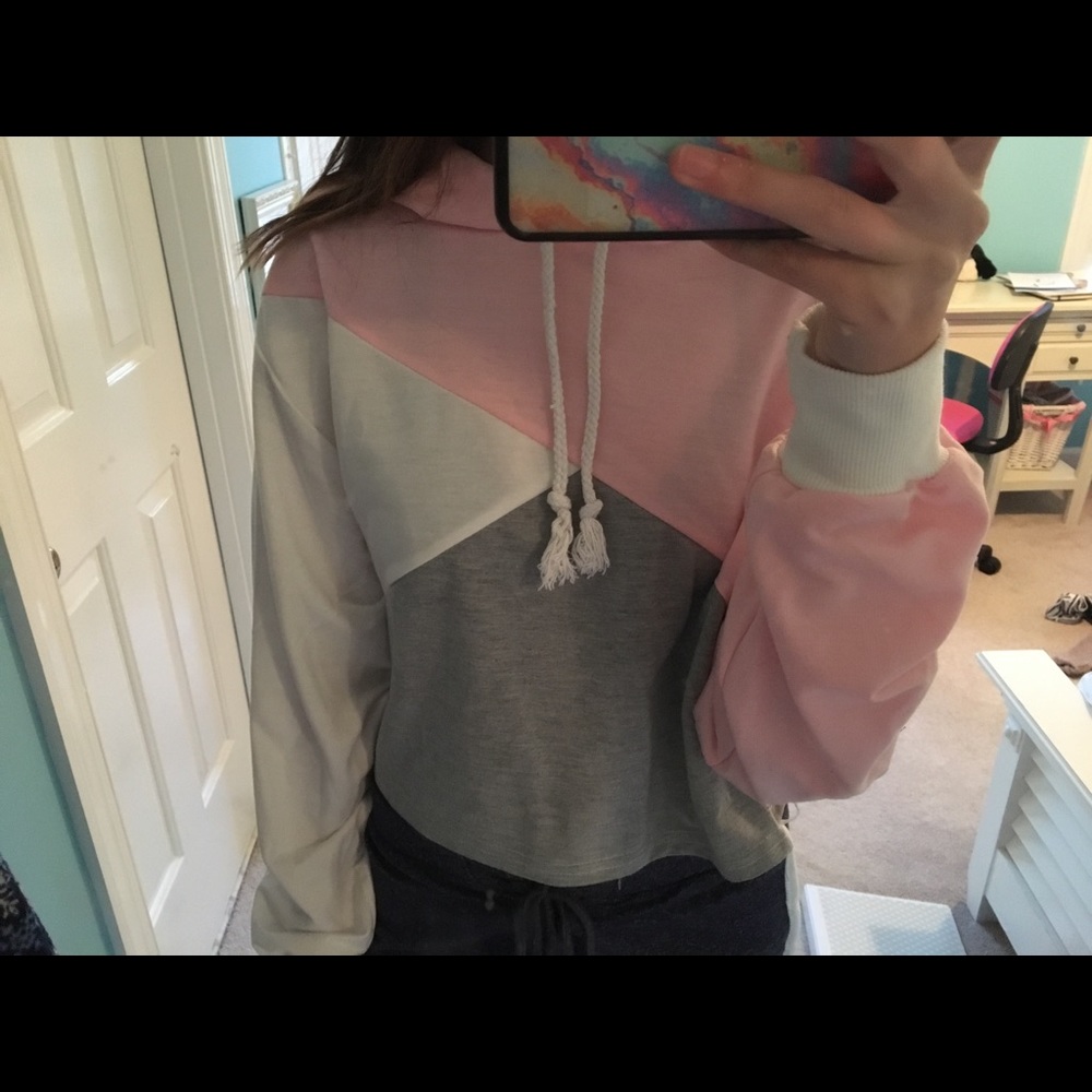 pink white and grey color block cropped hoodie